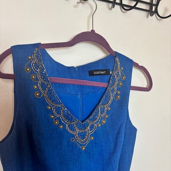 Ellen Tracy Linen Sheath Dress w/ Gold Embellished neckline - Size 8 - Picture 2 of 9